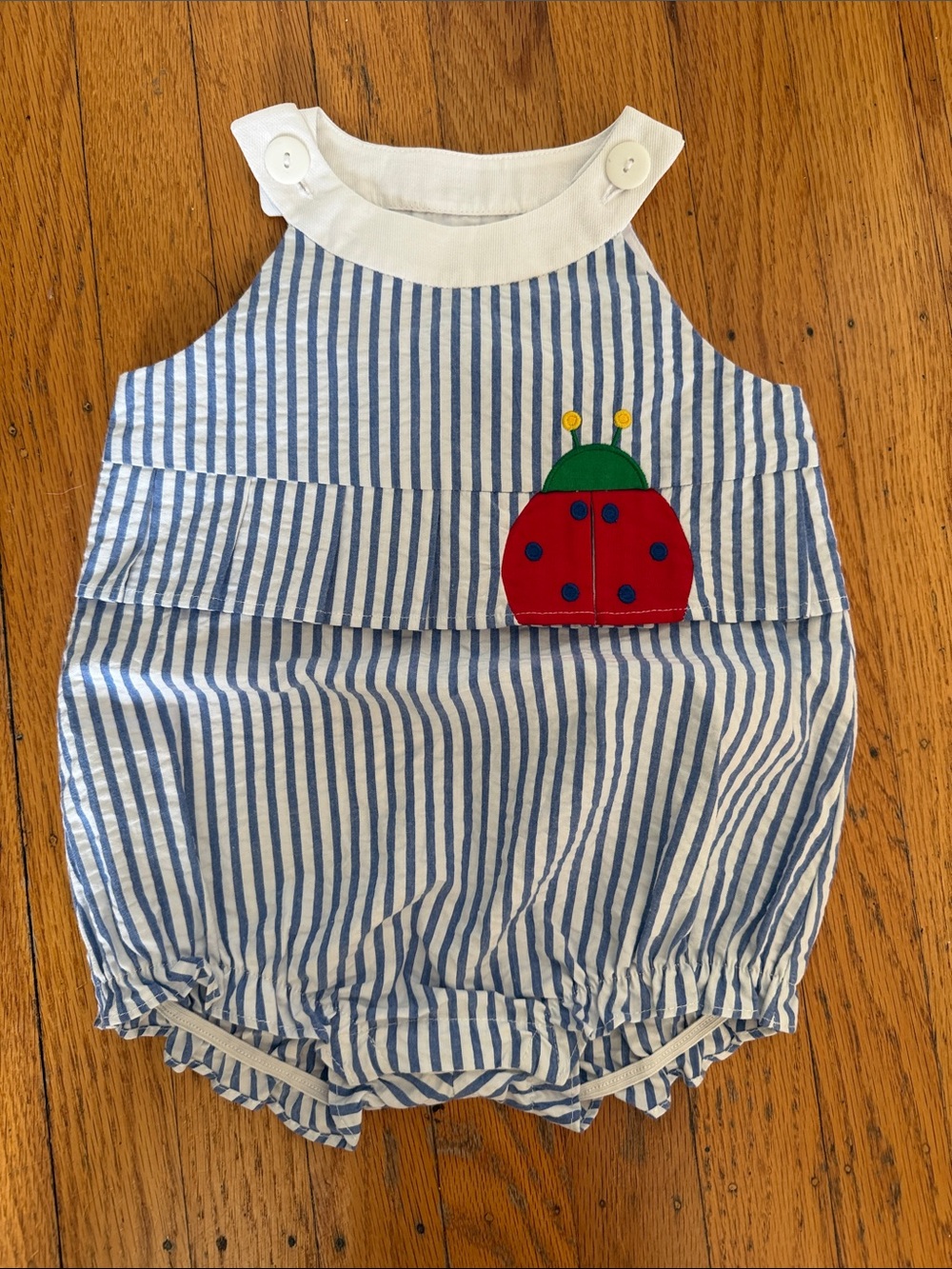 Blue & White Striped Baby Romper with Red Ladybug Applique